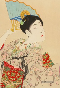 Sehr schöne Frauen Shin Bijin eine japanische Frau mit einem Fan Toyohara Chikanobu Ölgemälde
